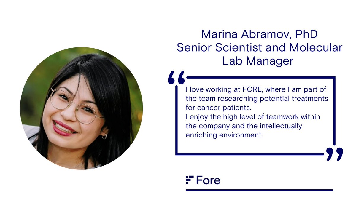ForeBiotx's tweet photo. Meet #TEAMFORE: Dr. Marina Abramov, Senior Scientist, and Molecular Lab Manager. Marina enjoys being part of a dynamic and intellectually stimulating team, investigating novel cures for cancer. Marina enjoys doing Pilates, cooking, and spending time with her family. https://t.co/Kg6Rm5YAnU