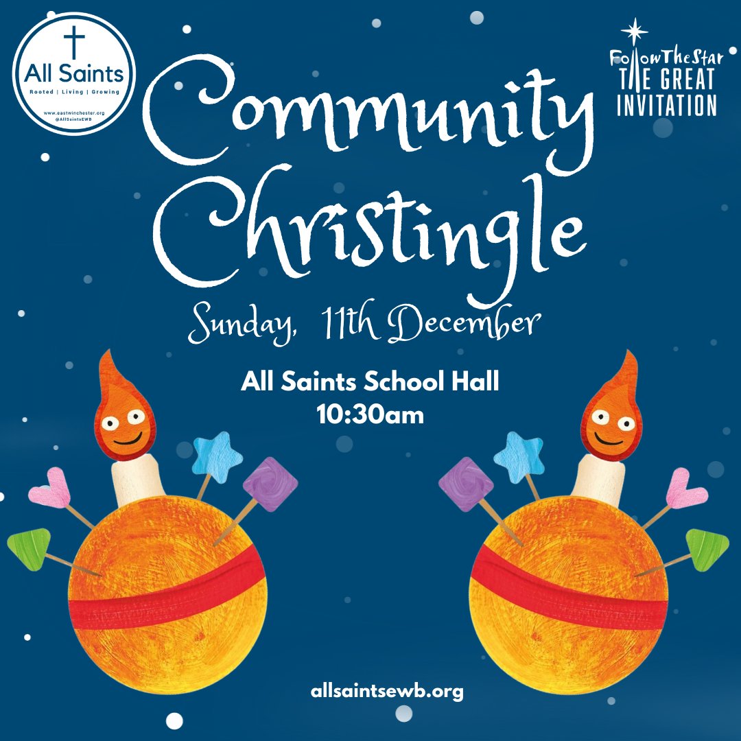This year's Community Christingle, taking place in All Saints School Hall at 10:30am on Sunday, 11th December. Featuring Christingle Making, Carols, Sweets, Laughter, a Giant Inflatable Orange and Raising Money for the Children's Society.  All Welcome!