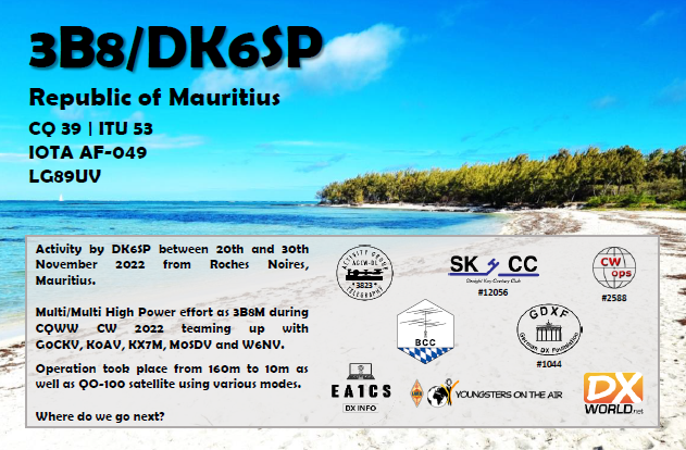 DK6SP's tweet photo. Just ordered my 3B8/DK6SP #QSLs for my #Mauritius 2022 #DXPedition from the printer.
Feel free to order your cards on the #Clublog #OQRS here: https://t.co/zxdGEwJUwk 🇲🇺
Direct requests answered by next week, bureau with the next batch early January.
#travels #hamradio #hamr https://t.co/E8QXVFB1z8