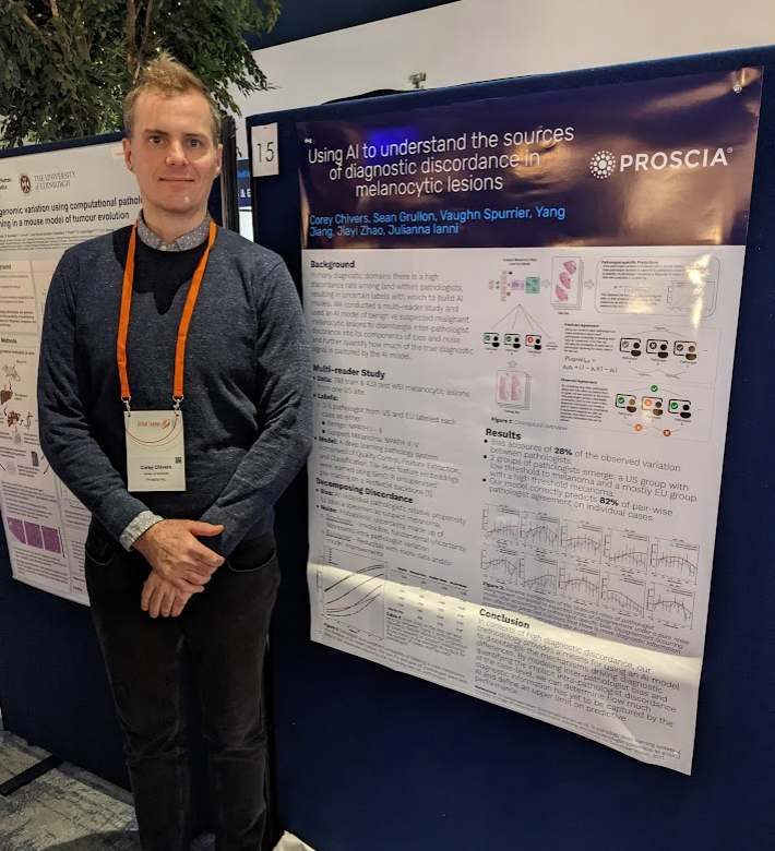 Proscia's tweet photo. It's another busy day at #DigitalPathology and AI Congress! Visit our Senior AI Scientist Corey Chivers and see his work "Using AI to Understand the Sources of Diagnostic Discordance in Melanocytic Lesions" during the poster presentations from 10:30-11:40. #DigiPathGE https://t.co/DX3PqEdX12