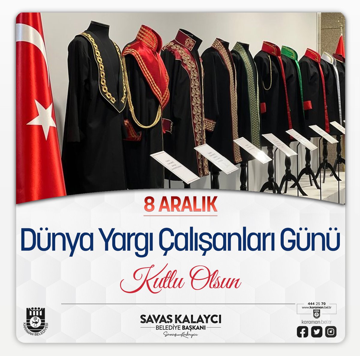 Adaletin sağlanması için gece-gündüz çalışan tüm yargı çalışanlarımızın, 8 Aralık Dünya Yargı Çalışanları Günü kutlu olsun.

#8AralıkYargıÇalışanlarıGünü #DünyaYargıÇalışanlarıGünü #Karaman #KaramanBelediyesi #SavaşKalaycı