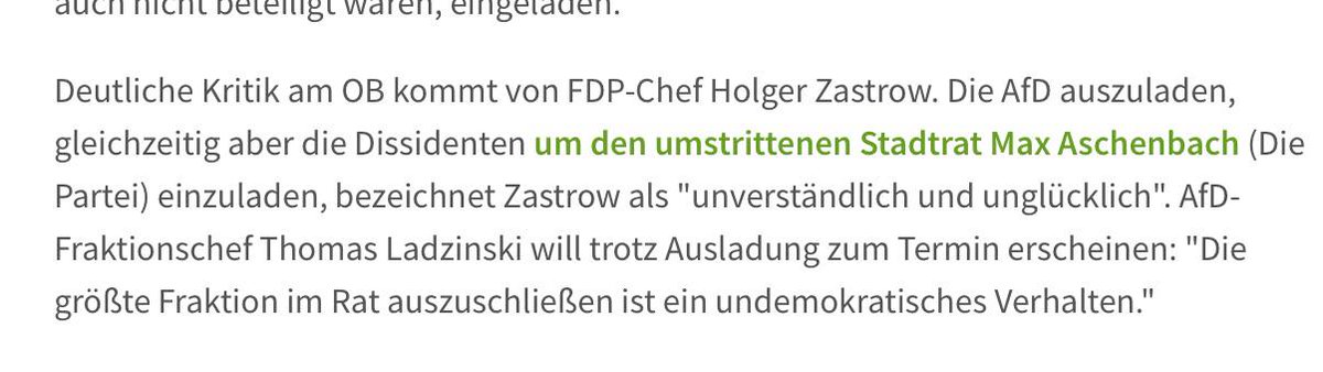 Max_Aschenbach's tweet photo. @HolgerZastrow, Fraktionsvorsitzender der @FDP_staDDrat, findet es "unverständlich und unglücklich" mich (@DiePARTEI) bzw. meine @DissidentenDD-Fraktion einzuladen, aber nicht die AfDer.
Nazis, Satiriker - Ich erkenne da auch keinen Unterschied.
#Nazinotstand #StaDDrat https://t.co/yljjQ7xZqi