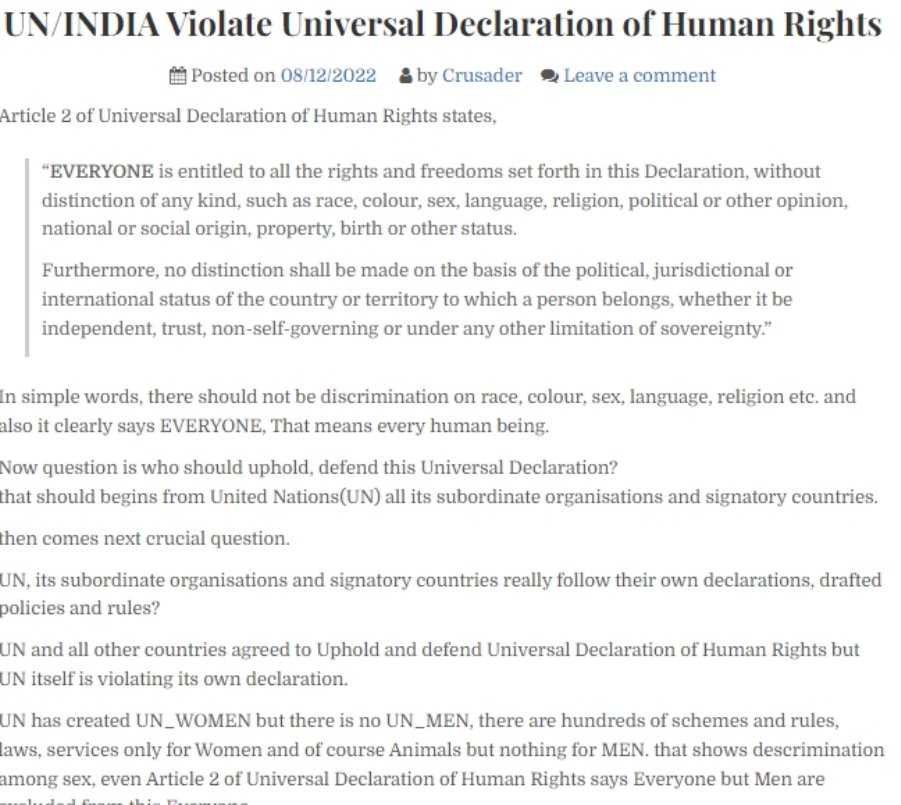 UN/INDIA Violate Universal Declaration of Human Rights mynation.net/voice/violate/ 
<a href="/UN/">United Nations</a> <a href="/UNGeneva/">United Nations Geneva</a> <a href="/UNHumanRights/">UN Human Rights</a> <a href="/KirenRijiju/">Kiren Rijiju</a>
<a href="/narendramodi/">Narendra Modi</a> <a href="/AmitShah/">Amit Shah</a> <a href="/PMOIndia/">PMO India</a> <a href="/HMOIndia/">गृहमंत्री कार्यालय, HMO India</a>
 <a href="/NCWIndia/">NCW</a>  <a href="/mnf_mra/">MyNation MRA</a> <a href="/SriRudyBABA/">Christna</a>

#MensRightsHumanRights 
#MensRightsHumanRights 
#MensRightsHumanRights