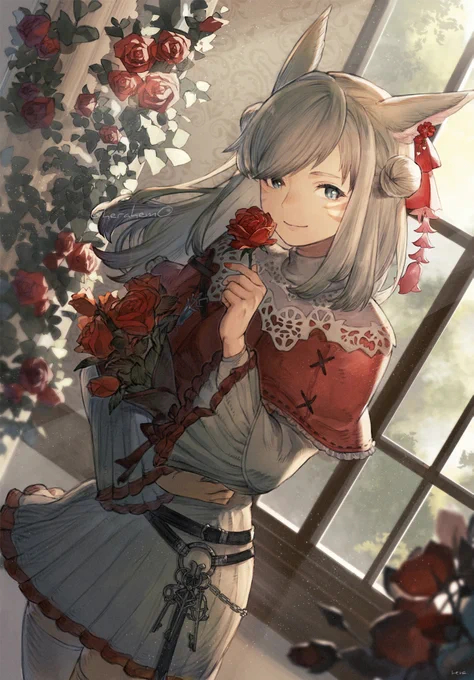 薔薇とミコッテ少女 リクエストありがとうございました! #Skeb #Commission 