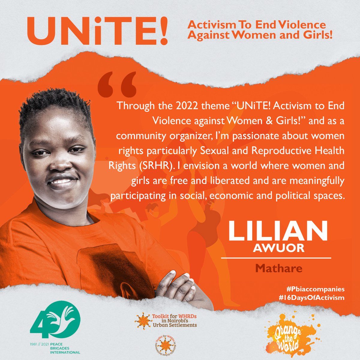 pbikenya's tweet photo. Lilian Awuor Onyango is a human rights defender, women &amp; girls’ rights activist, a feminist and a WHRD Toolkit Organizer in Mathare since 2016. She is also a member of the Coalition for Grassroots Human Rights Defenders Kenya. #16DaysOfActivism  #PBIAccompanies https://t.co/hTGciKoRNd