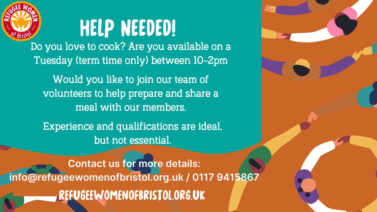 Volunteers needed at our (women only) drop in centre from January onwards.... Interested? Please give us a call or drop us an email. Thank you. 
#RefugeesWelcome #Bristol #Cooking #volunteers