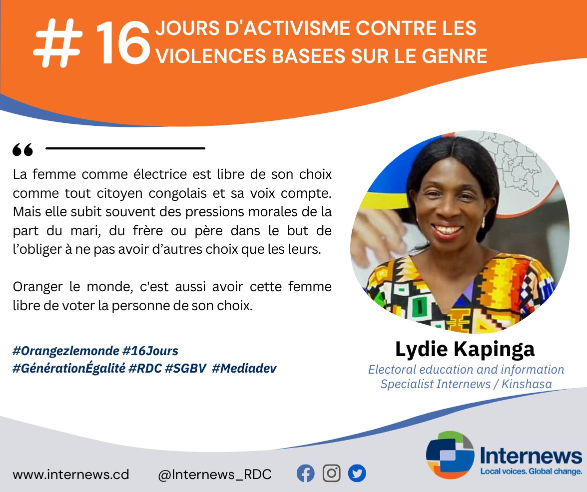 Oranger le monde,c'est aussi avoir cette femme libre de voter la personne de son choix.

#OrangezLeMonde #16jours #GénérationÉgalité #RDC #SGBV