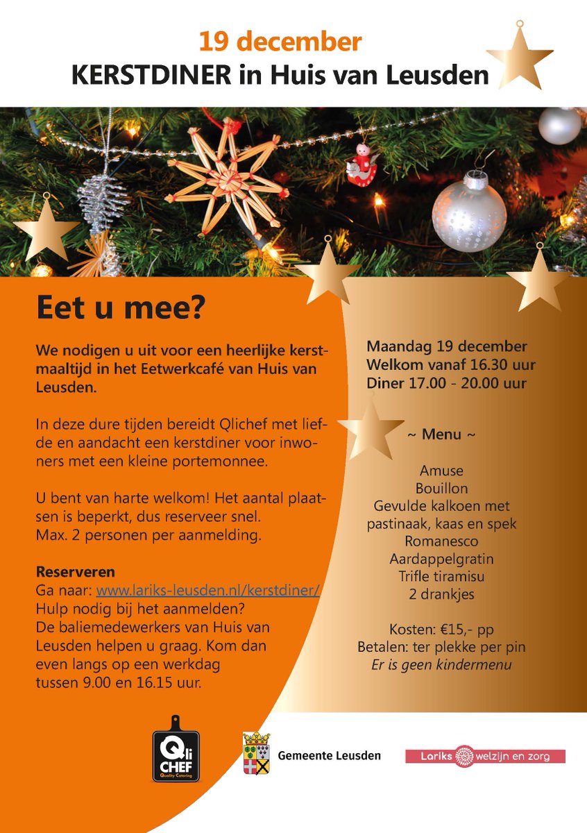 Mooi initiatief! De kanjers van #Qlichef van het eetwerkcafé in Huis van Leusden bereiden belangeloos een viergangen kerstdiner voor inwoners van <a href="/Gem_Leusden/">Gemeente Leusden</a> met een kleine beurs. Er zijn nog plekken vrij! events.lariks-leusden.nl/events/kerstdi…