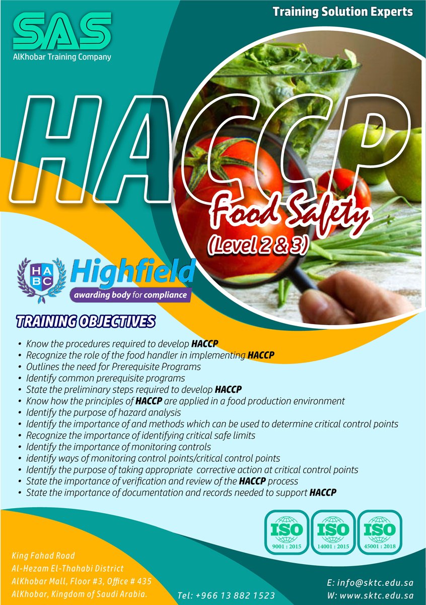 SKTC_edu_sa's tweet photo. Great Opportunity
book your seat
25 % Discount for HACCP Course
Session Every Week🕛
For registration:
Call us 📞 
T: +966 555603126 - +966 504302484
#HACCP #foodsafety #safety #SAS #sale #DECEMBER2022 #courses #training #KSA #alkhobar_mall #alkhobar #ISO9001 #ISO14001 #ISO45001 https://t.co/8GH1R1ojsd