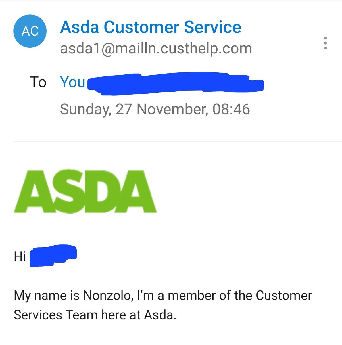 SamShortAuthor's tweet photo. @asda Sorry I have to put this here, but it's very hard to contact customer services. Could you tell me if the Asda email at the top of this screenshot is genuine, please? Thank you https://t.co/MtXPYpPrz0