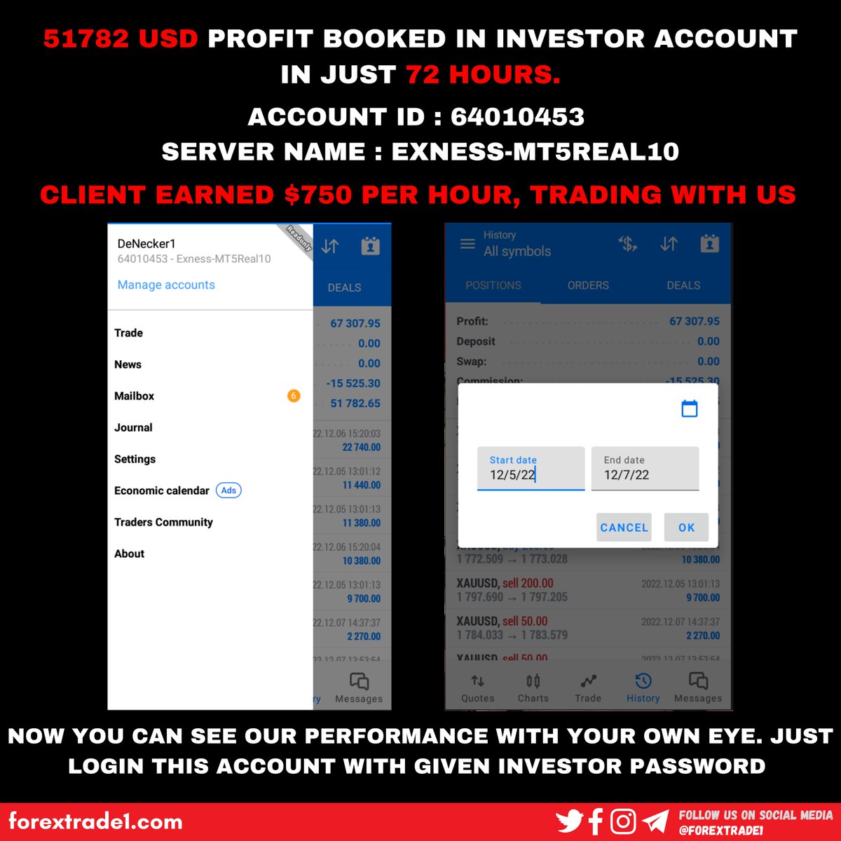 cooksmith722's tweet photo. 51782 USD PROFIT BOOKED IN INVESTOR ACCOUNT IN JUST 72 HOURS
Client earned 720 USD profit/hour
»Login Id: 64010453 
»Investor Password: ASK US
»Server Name: Exness-MT5Real10
»Account Type: MT5
»Current Equity = 401788 USD
#forexusa #forextradingsignals #forexchart #fortexmarkets https://t.co/DMbQqGJEjA
