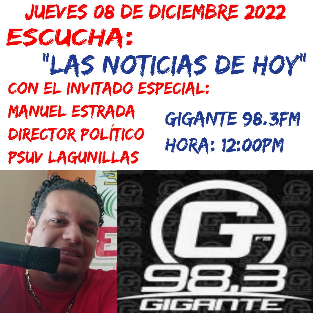 Escucha hoy Jueves 08 de Diciembre a las 12:00pm 'Las Noticias de Hoy' por @GiganteFM
Municipio #Lagunillas Estado #Zulia #Venezuela
#avanzandojuntoalpueblo
#PlenoComoLaLunaLlena