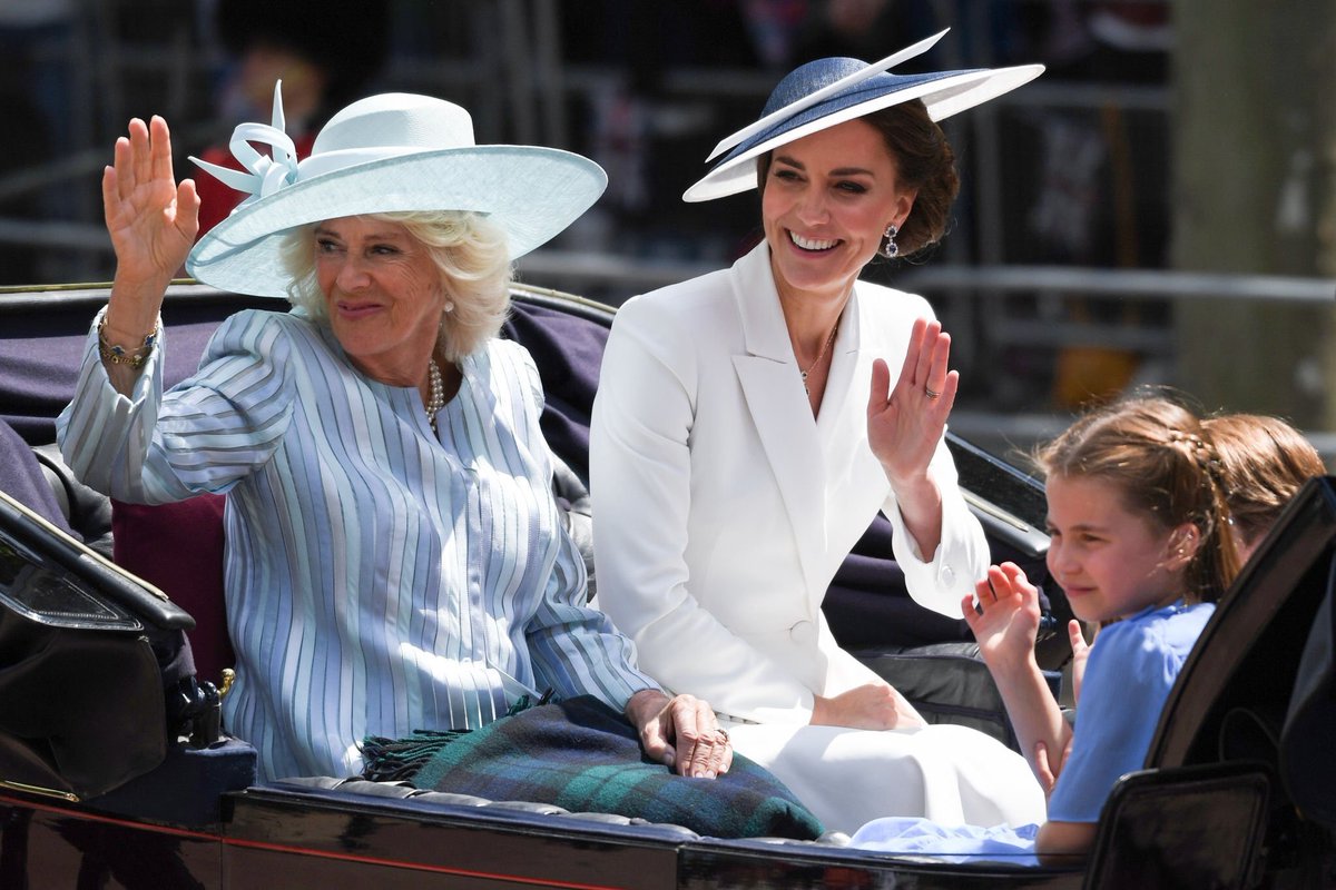 HRHPWales's tweet photo. June 2: The Queen Consort, The Princess of Wales, Prince George, Princess Charlotte and Prince Louis attended the Trooping The Colour parade. This year, this day also marked the beginning of the celebrations of the Platinum Jubilee of Queen Elizabeth II. https://t.co/Yl586xXOuh