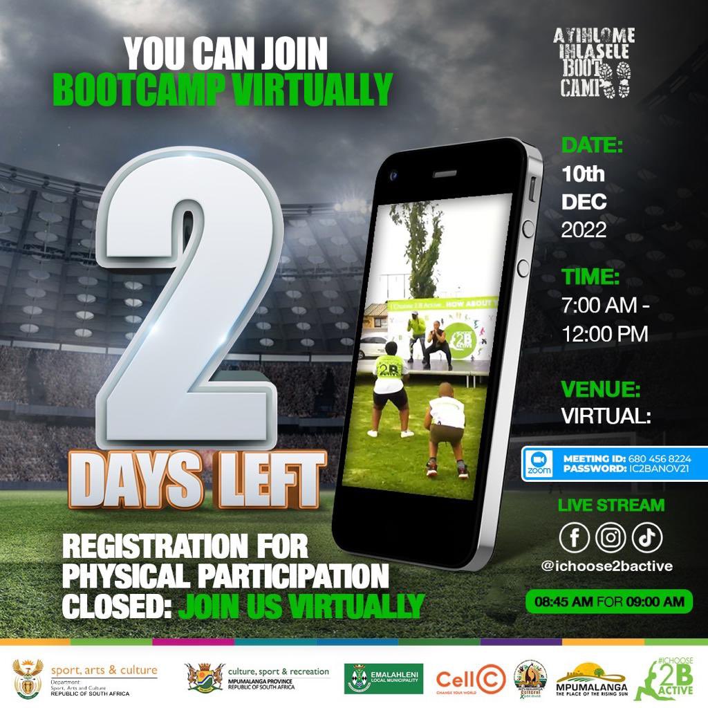 sixolisile_n's tweet photo. 2 days left till the Ayihlome Ihlasele bootcamp๐๐ฟ๐๐๐ฟโโ๏ธ
Registration for physical participation is closed but donโt worry you can still register to attend the session virtually
๐๏ธ: https://t.co/e6HpPJPr6V
#IChoose2BActive
#NoMoreAnginaData
#TheStreetsAreCalling https://t.co/vqrwReiqzk