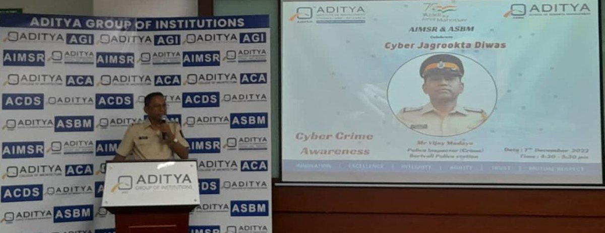 AIMSRMumbai's tweet photo. At Aditya Institute of Management Studies and Research, Cyber Jagrookta Diwas was celebrated on 7th December, 2022 by inviting an eminent and dynamic Police Inspector (Crime), Shri Vijay Madaye Sir of Borivali Police Station to deliver a talk.

#MumbaiPolice #AIMSR #Cybercrime https://t.co/of0onW5Brv
