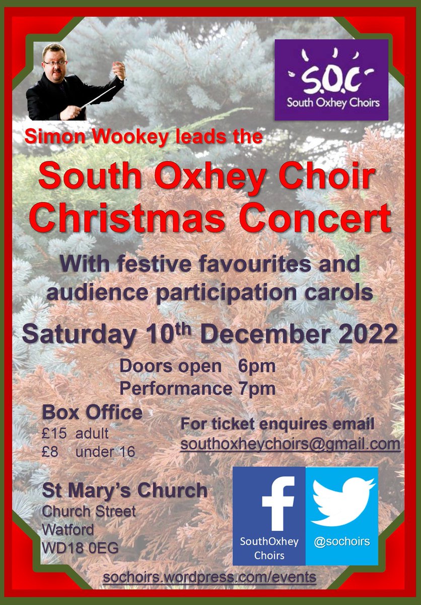 SOChoirs's tweet image. The frost is making us feel festive! We will be singing for @NewHopeHQ at 7pm today in Watford by ex-John Lewis.

And Saturday is our Christmas Concert, St Mary's Church at 7pm, tickets on the door (Yes, we know there is a match, but we're here if you want to escape the football)
