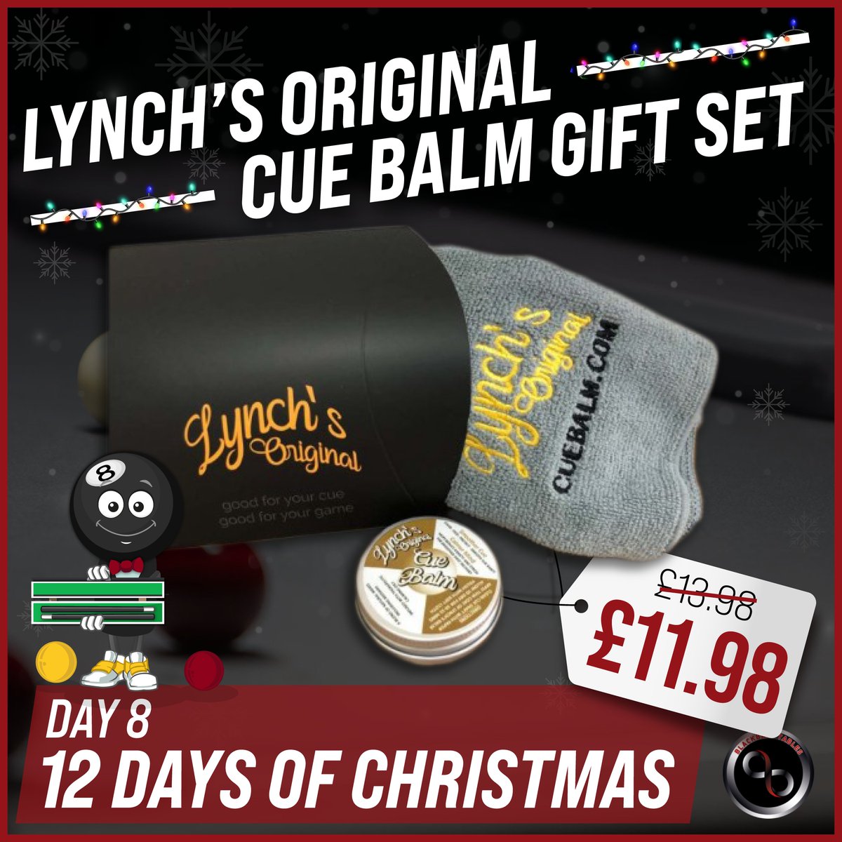 It’s day 8 of our #12DaysOfChrismas event and we are continuing with Lynch’s Original Cue Balm Gift Set!

Take care of your cue and your cue will take care of you!🎱

Shop here👉 bit.ly/3VZliOy

#12daysofxmas#pooltables #christmaspresent #poolcues #cuebalm