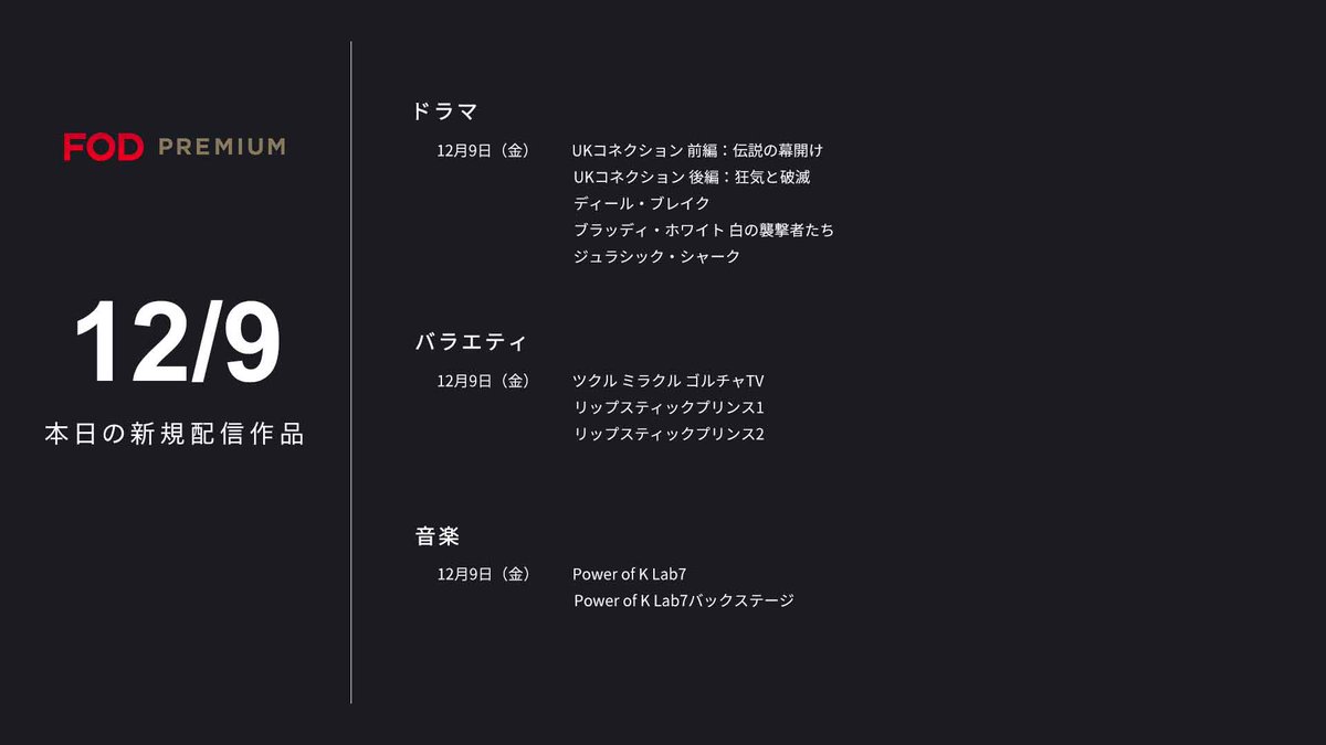 fujitvplus's tweet photo. ◤✨本日の<#FODプレミアム>新着作品❗◢
本日配信の作品は画像をご覧ください👀
🎁ドラマ
🔸#ブルー・アイズ 国家陰謀とテロ事件
🎄映画
🔸#UKコネクション 前・後編
🎅バラエティ
🔸#ツクル ミラクル #ゴルチャTV
🔔音楽
🔸#PowerofK Lab7
#FOD #見放題
▼▼▼
https://t.co/rL6e6cyh2i https://t.co/wZ7NfZdYmL