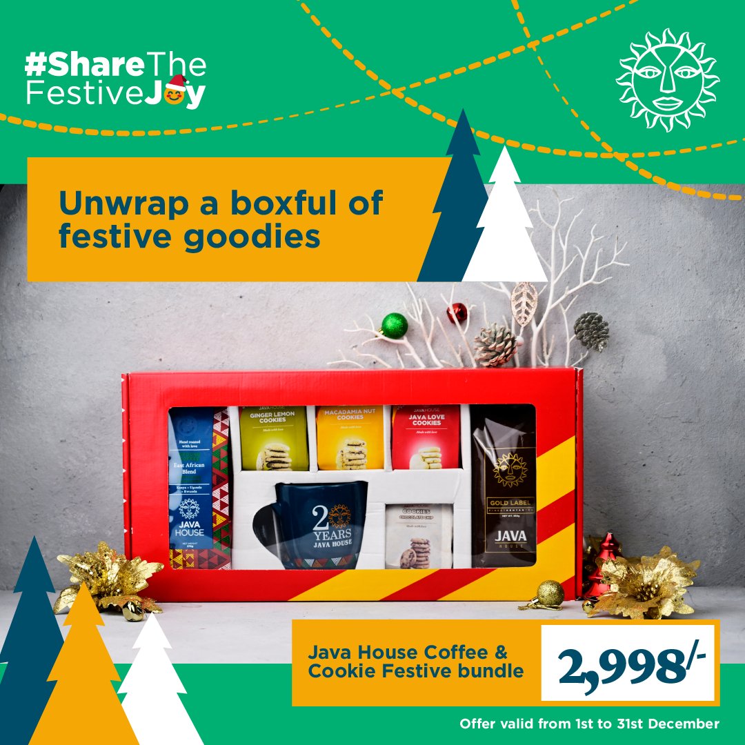 javahouseafrica's tweet image. Unwrap a boxful of your fave Java House goodies: Kenya AA coffee, Ginger Lemon, Macadamia Nut, Java Love, Chocolate Chip cookies, Java House ceramic mug & Java House Gold Label tea at 2,998/-. Available at a retail store near you.
#JavaHouse #ShareTheFestiveJoy