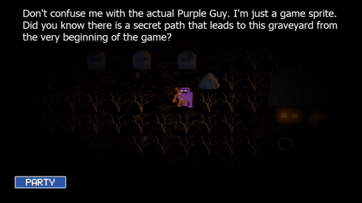 A common misconception in the community is that Purpleguy from FNaF World is the real Purple Guy.
However, when talking to him in the Halloween area, Purpleguy goes on record stating he is not the actual Purple Guy and is just a game sprite.