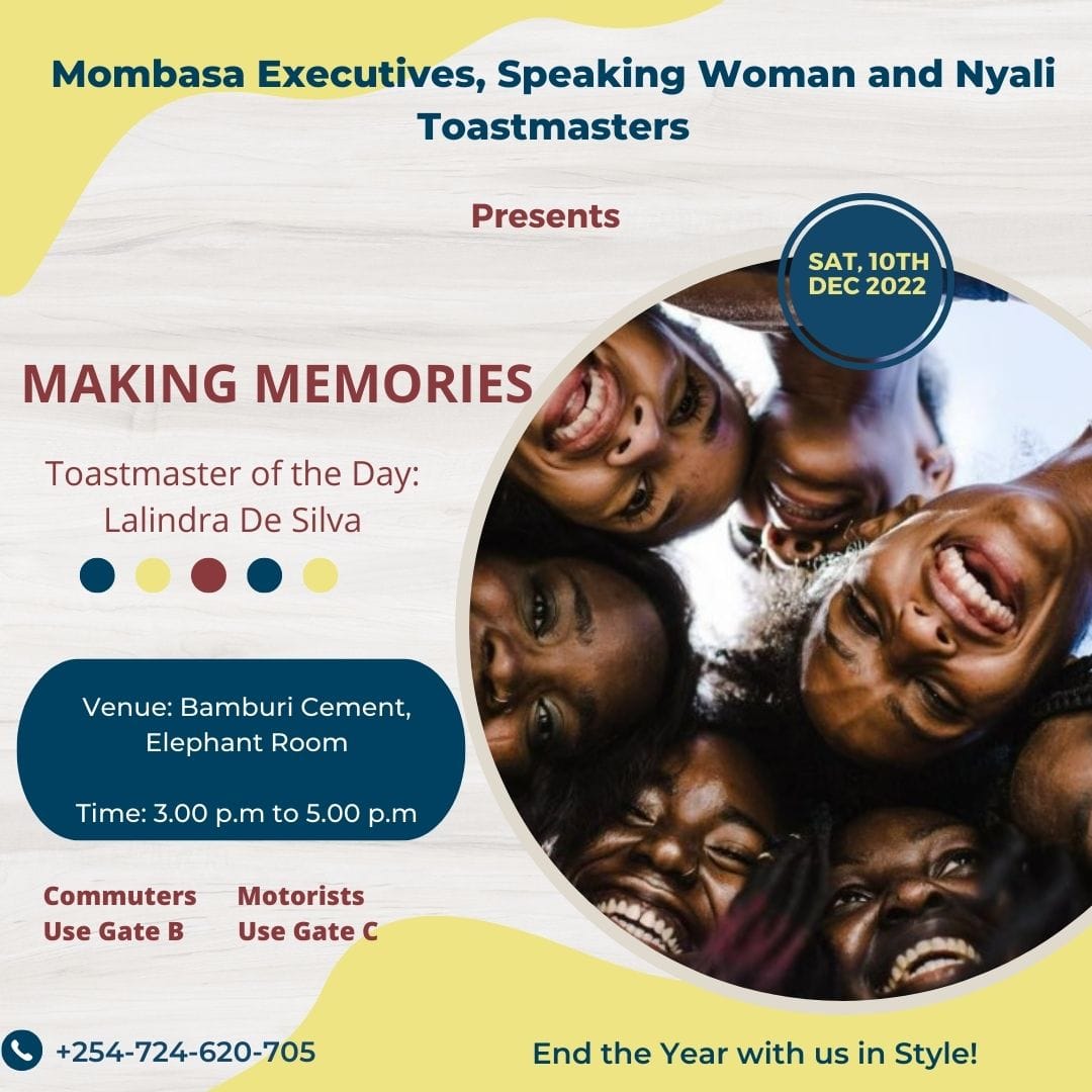 <a href="/ToastmastersMET/">Mombasa Executives Toastmasters</a>  @speakingwomantoastmasters and <a href="/NyaliToastmast1/">Nyali Toastmasters Club</a> invite you to our last meeting of the year! Join us as we recap 2022 and share our hopes and dreams for the New year🤗🎉

#toastmasters #toastmastersmet publicspeaking #leadership #communication #yearend