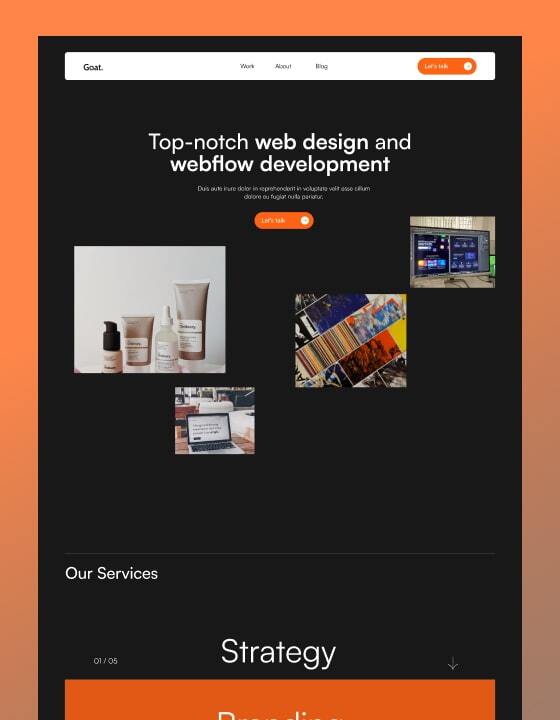 FlowSites's tweet photo. GOAT is a new Webflow template in the Agency category. It supports Ecommerce and CMS and sells for $49 USD. #webflow #webflowtemplate #flowsites #Agencytemplate https://t.co/59azwnK1PT https://t.co/iWNfA2CcHa