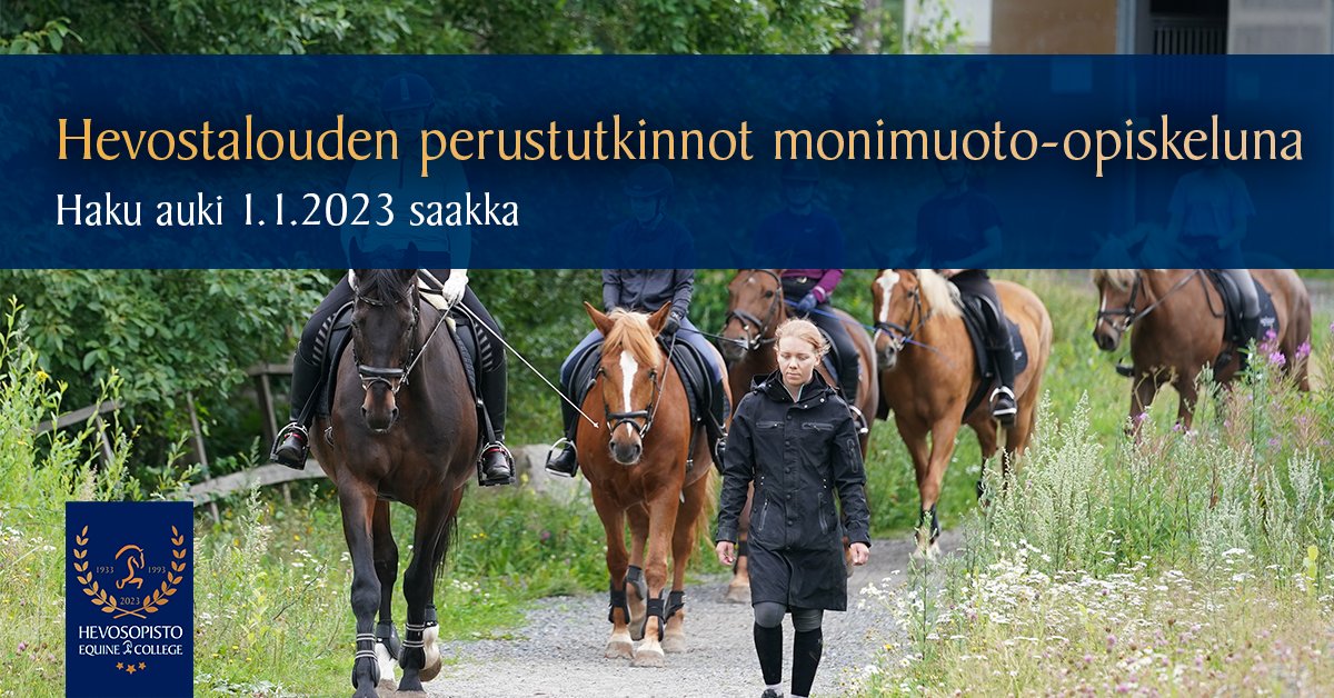 Uusi vuosi uusi koulutus? 🐎
Suorita hevostalouden perustutkinto joustavasti monimuoto-opiskeluna. 
🔹hevostenhoitaja
🔹hevospalveluohjaaja
🔹ratsastuksenohjaaja
Hakuaika 1.1.2023 saakka
Perustutkinnon suorittaminen on maksutonta.

Lue lisää ja hae nyt! 👇
hevosopisto.fi/koulutus/hakij…