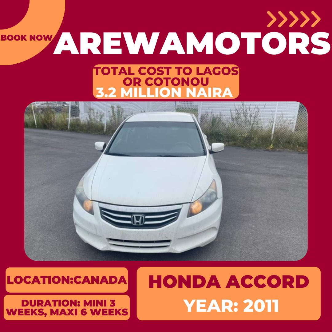 ArewaAuto's tweet image. Order A Honda Accord 2011 direct from Canada 🇨🇦 with the Minimum of 3 Weeks and Maximum 6 Weeks delivery to your 
We give you exclusive access to used cars at wholesale prices.
@arewa_auto_cars 
Office Address: 5th Avenue, D1 close, Festac town Lagos,Nigeria
Whatsapp📱08032629387
