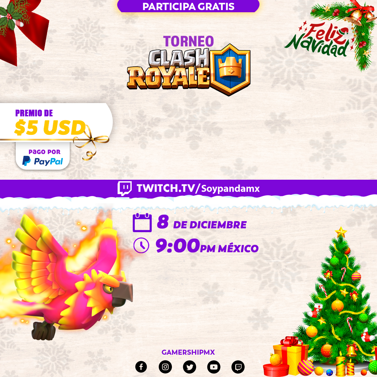 ✨¡LA DIVERSIÓN, EN GAMERSHIP ES INFINITA!✨

Torneo de #ClashRoyale junto a <a href="/SoyPandaMx1/">SoyPandaMx🐼</a>

🕹08 Diciembre a las 🕜 9:00PM | CDMX 
🕹 5 USD en Premio. 💰

 Por 📺: twitch.tv/soypandamx
¡Te esperamos! 🔥 ¡Participa YA!🔥