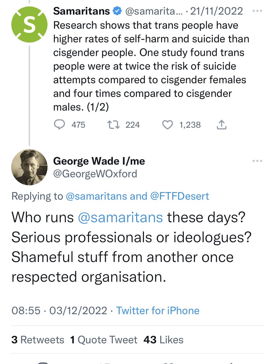 ThomasWillett9's tweet photo. We’re now getting to a really dangerous point in the trans panic. GCs/TERFs are so convinced that trans identities aren’t real & are just “ideology” that they’re attacking key charities such as the Samaritans because they mention trans people. This is going to endanger more lives https://t.co/gH0hvWhgcU