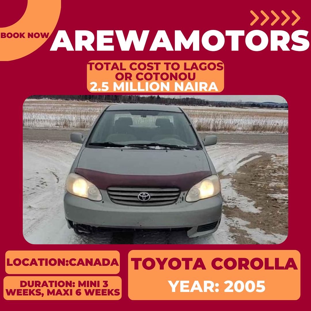 ArewaAuto's tweet image. Order A Toyota Corolla 2005 direct from Canada 🇨🇦 with the Minimum of 3 Weeks and Maximum 6 Weeks delivery to your.
We give you exclusive access to used cars at wholesale prices.

Office Address: 5th Avenue, D1 close, Festac town Lagos,Nigeria
Whatsapp📱08032629387