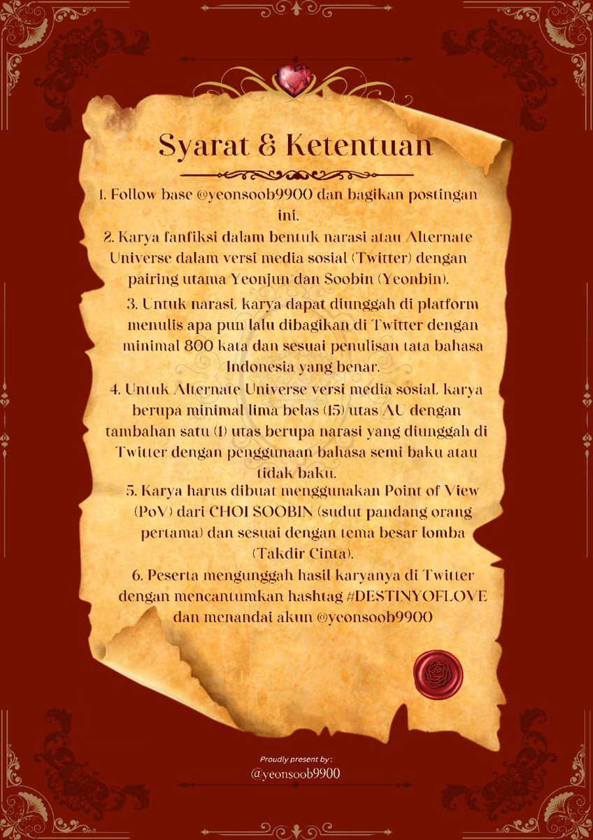 yeonsoob9900's tweet photo. Yeonsoob Area mempersembahkan ajang lomba menulis fiksi penggemar dalam rangka memperingati ulang tahun Choi S00bin dengan tema "LOST IN THE FAIRYTALE—SCARLETT FAITH".

Untuk syarat dan ketentuan, simak postingan di bawah ini.

Yuk, ikut dan ramaikan dengan karya terbaikmu! https://t.co/gFFJl9iyk5