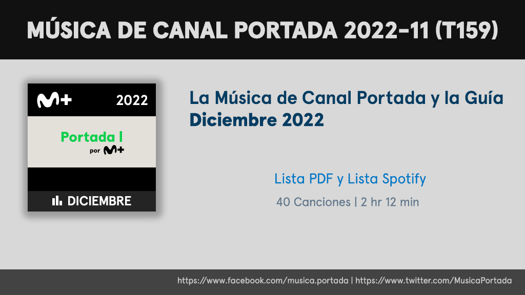 MusicaPortada's tweet photo. MÚSICA EN CANAL PORTADA Y LA GUÍA - DICIEMBRE 2022 (T160)
¿Quieres saber qué música está sonando este mes en Canal Portada y la Guía?
Consúltala:
⏯ https://t.co/Dgi7Dcqssh (Spotify)
📄 https://t.co/UlCMNY72Zl (PDF)
#MusicaPortada #MusicaDeLaGuia #MovistarPlus @movistarsound https://t.co/vOAyRi2f54