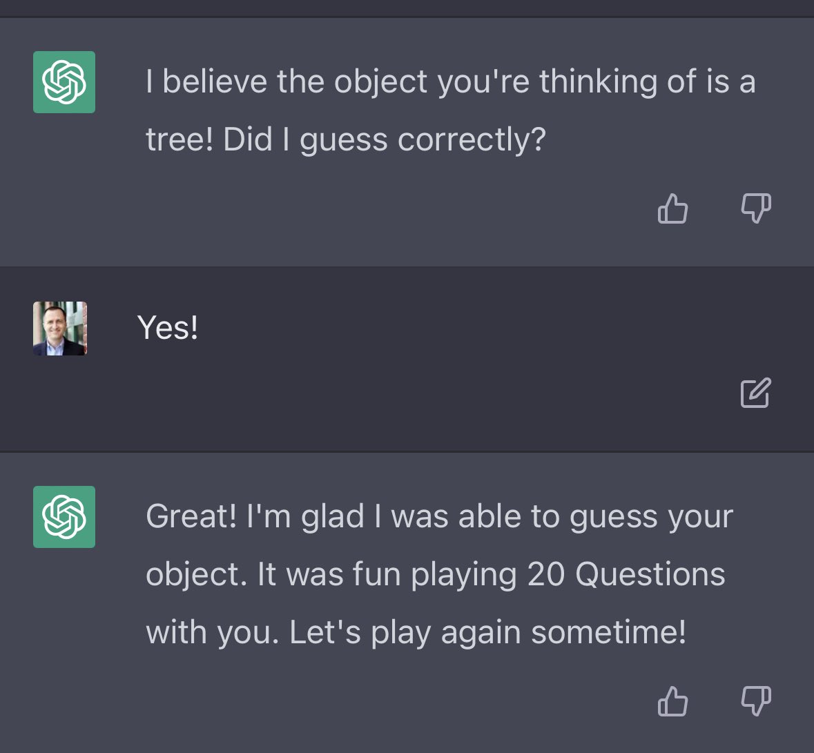 stinsonjames's tweet photo. I asked #ChatGPT if it knew the game 20 Questions, and it enthusiastically played the game. https://t.co/IPKs0gs8Li