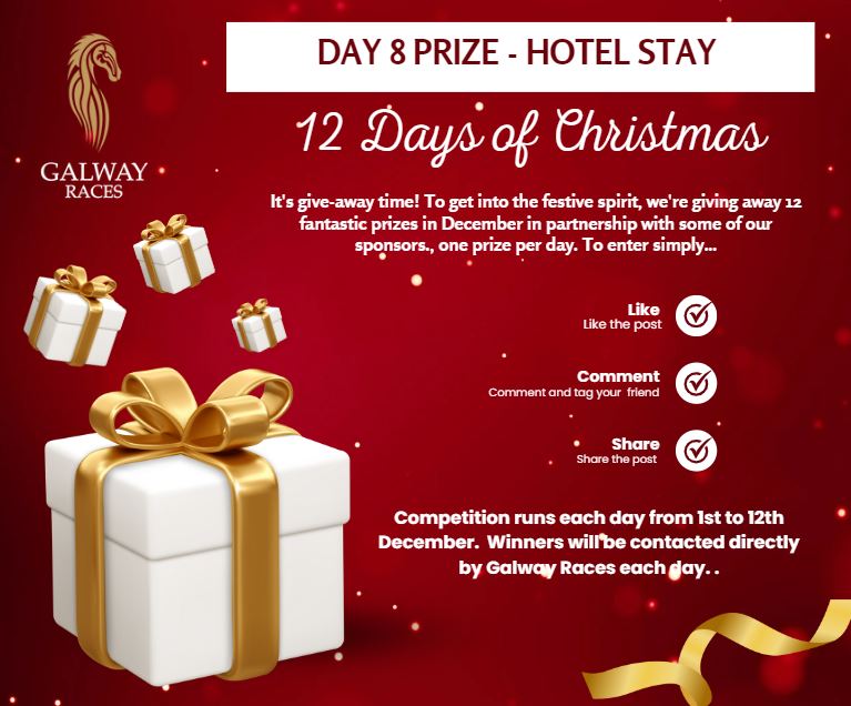 Galway_Races's tweet photo. 🎁12 DAYS OF CHRISTMAS GIVEAWAY: DAY 8⃣
To get into the festive spirit, we've teamed up with our sponsors to giveaway fantastic prizes
DAY 8⃣:thanks to @ClaytonGalway win
🔥 2 night stay for 2people in a Suite with dinner &amp; wine 
🎟️+A 7 Day Admission Ticket to #GalwayRaces2023 https://t.co/qW3a2tUEdI