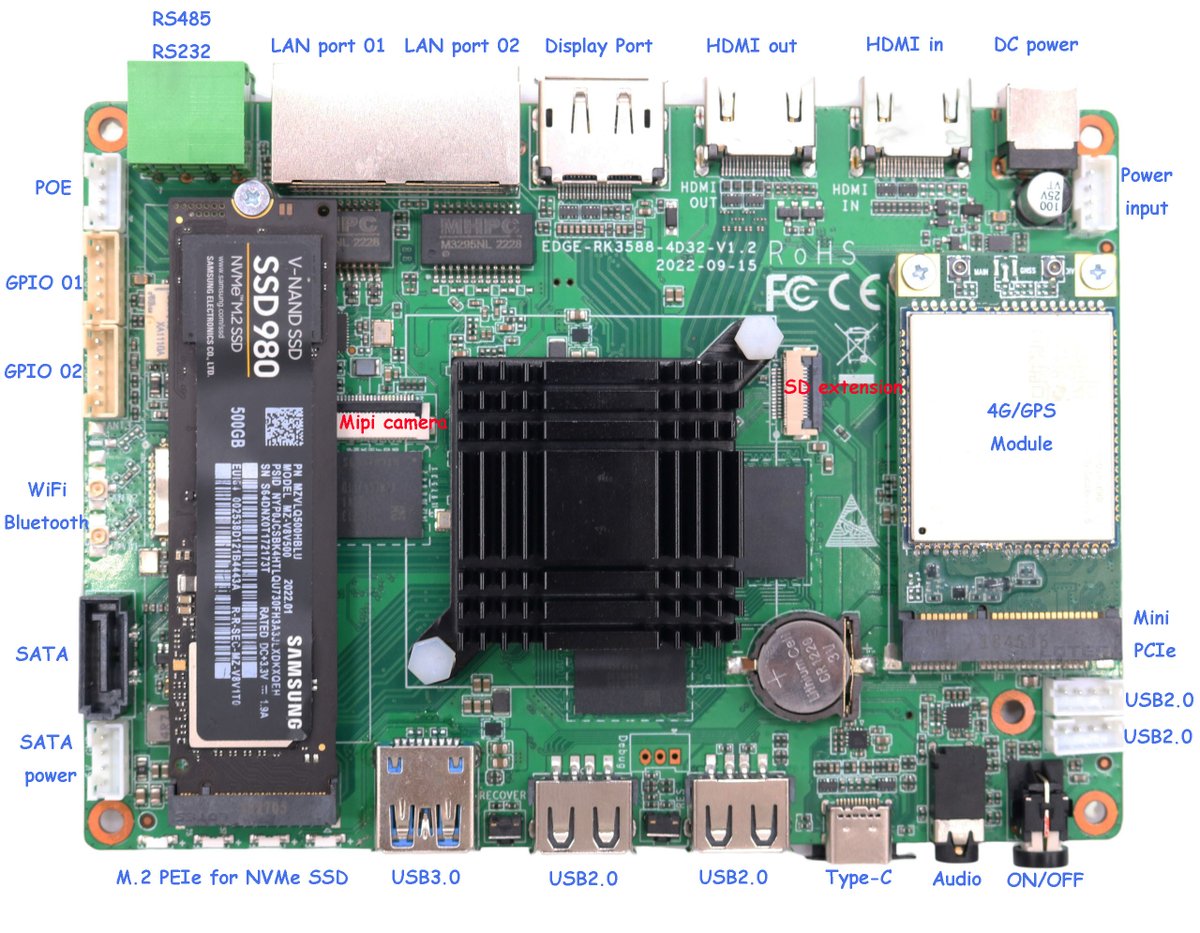 Mekotronics's tweet photo. R58X-4G
Rockchip 3588, Octa-core, 6 TOPS NPU, LPDDR4X, eMMC5.1, SATA3.0
M.2 PCIe for NVMe SSD
Mini PCIe for 4G LTE/GPS module, SIM card slot
I2C port, GPIO, RS485/RS232
Dual G-LAN (Support POE with POE module)
Android 12, Linux Ubuntu, Debian, Buildroot OS https://t.co/2gpiecIZu4