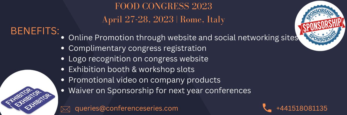 Avail #sponsorship #exhibitor opportunities and get featured at Food Congress 2023 on April 27-28, 2023 at Rome, Italy. 
Website: foodcongress.conferenceseries.com/sponsors.php
Email: queries@conferenceseries.com
Whatsapp: +44 1518081135 
#nutrients #dietitian #agronomy #romeconferences #christmasoffer