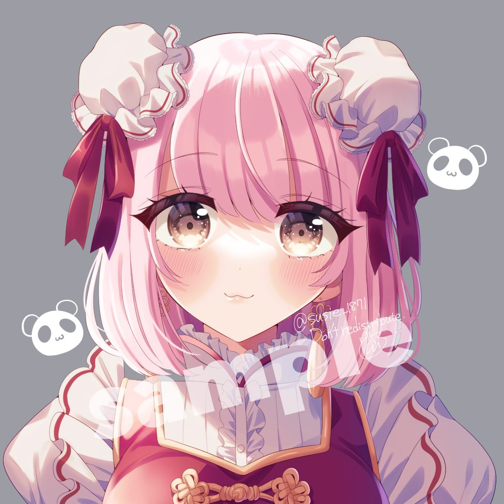 1girl solo double bun pink hair sample watermark hair bun simple background  illustration images