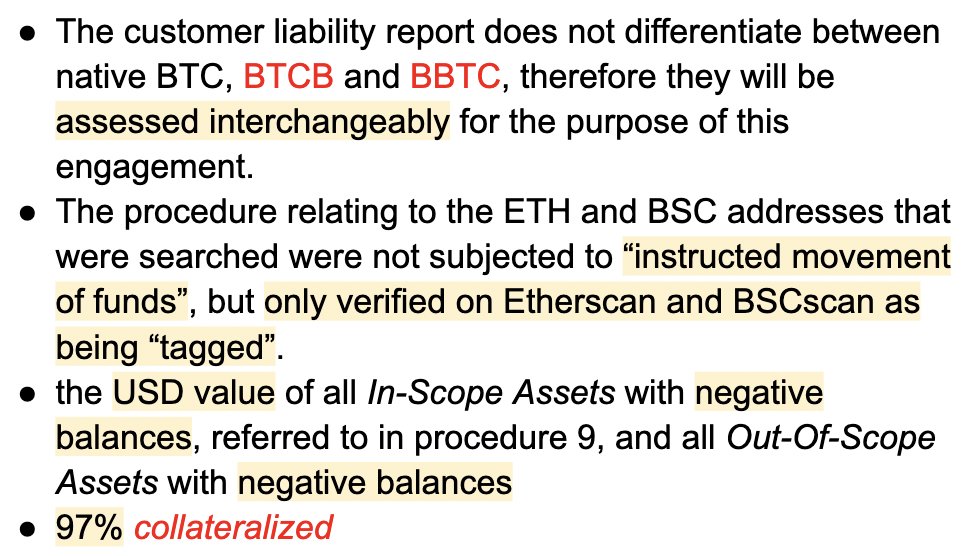 jespow's tweet image. ok, I'll give you a hint. This is just the easy stuff that says this OBVIOUSLY is not a traditional Proof of Reserves, and should immediately have had actual journalists digging.

Why use collateral value? Why negative balances included? No wallet signing? Who issues BTCB &amp;amp; BBTC?