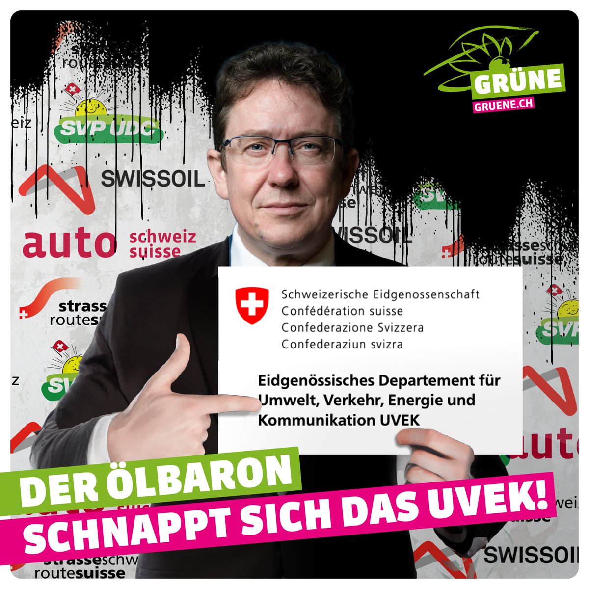 Der Ölbaron übernimmt das UVEK. Ein Alptraum für Klima- und Umweltschutz. Jetzt GRÜNE stärken!

👉 gruene.ch/kampagne/mitma…

#ZusammenFürsKlima 🌎
