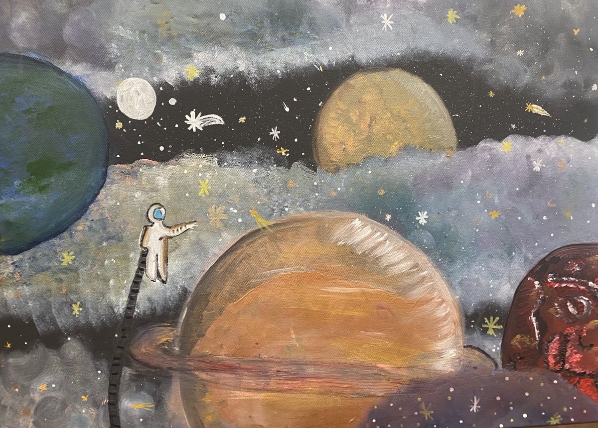 Castlehillcupar's tweet photo. Iris in P6 painted this very large masterpiece when let learning about ‘our place in the universe’ #weaimhigh https://t.co/aciojEhYMK