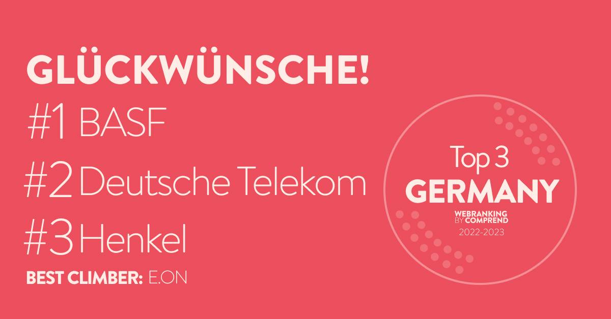 ComprendAgency's tweet image. Congratulations to the German top performers in #Webranking by Comprend, @BASF, @DT_IR &amp;amp; @Henkel! The best climber is @EON_SE_en. Well done! 

Full results list: tinyurl.com/yc32bmau