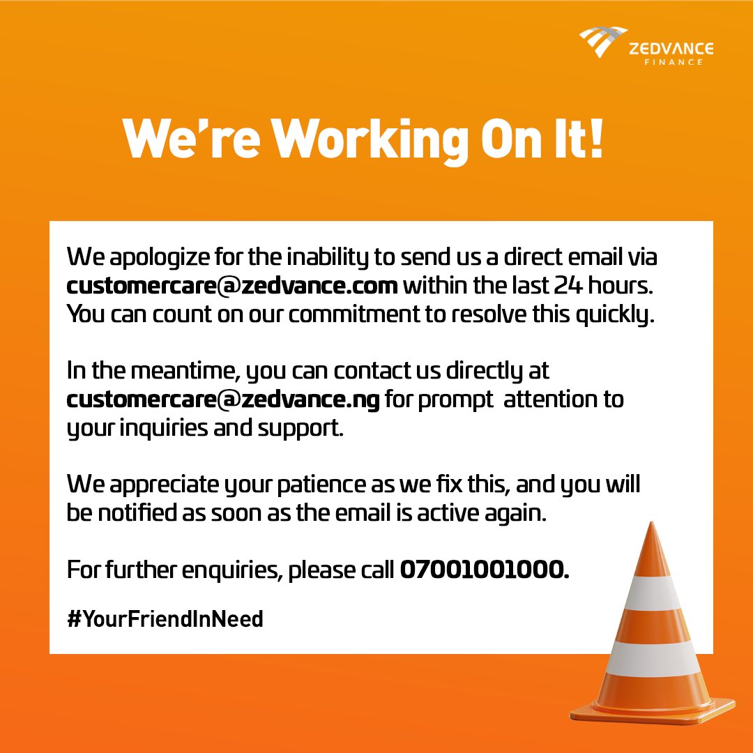 zedvance's tweet photo. Dear Customer,
We’re working to fix customercare@zedvance.com.
We appreciate your patience and request that you reach us on customercare@zedvance.ng in the interim.
You will be notified once the email is active again. Thank you.
#YourFriendInNeed https://t.co/p60pJqrdOS