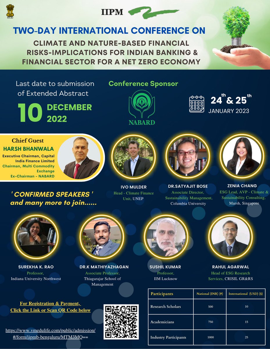 iipm_bangalore's tweet photo. 2-day #international #conference on Climate and Nature-based Financial Risks-Implications for Indian banking & Financial Sector at #iipmb on January 24-25, 2023
#cop27 #responsiblebanking #climatefinance #netzero #biodiversity #TNCD #TNFD #sustainablefinance #bluefinance #nabard https://t.co/kpgUbxdDxl