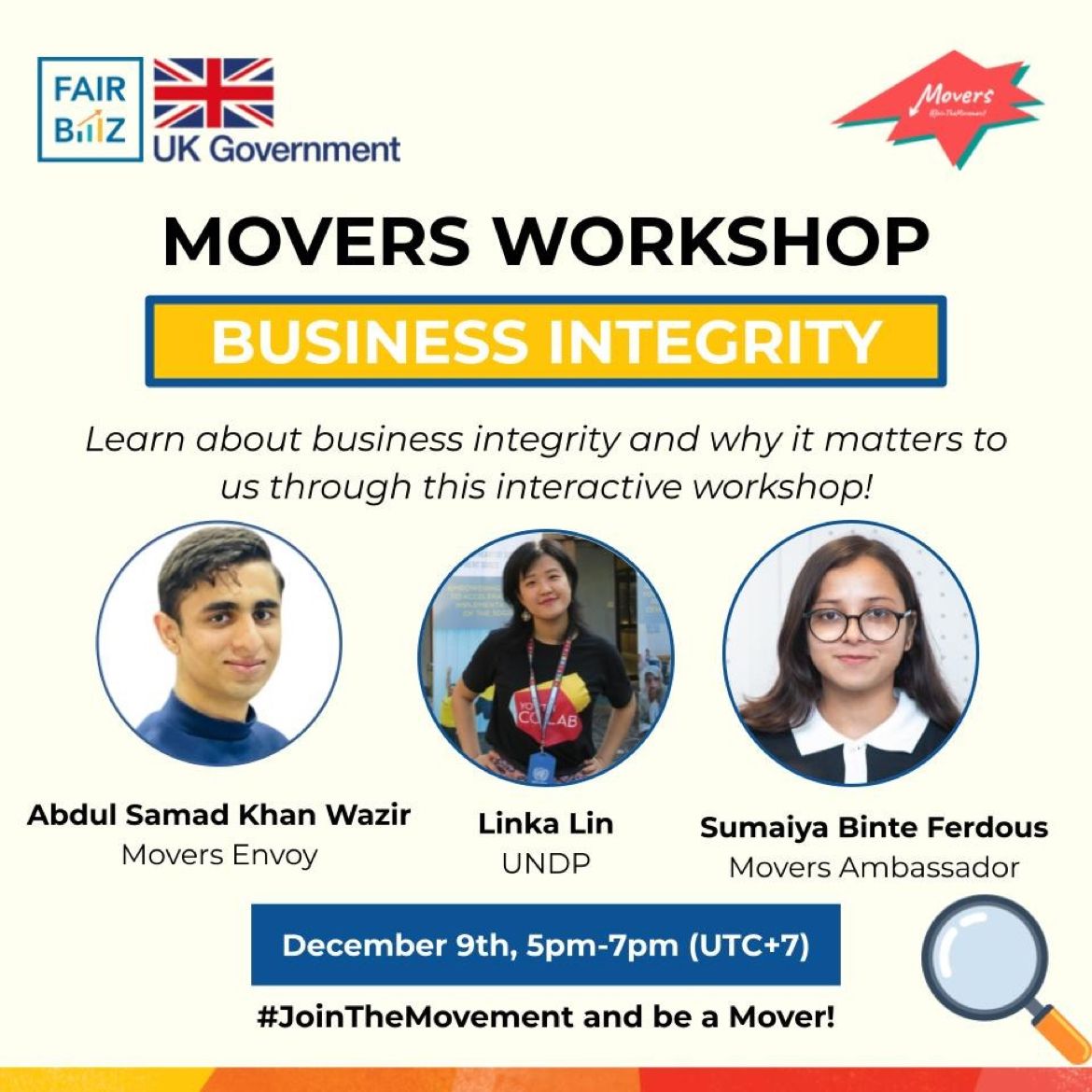 UNDPJINASEAN's tweet image. Tomorrow we celebrate International Anti-Corruption Day with a new workshop on biz integrity w/ @YouthCoLab

Meet like-minded people, connect with youth from around the region and learn why business integrity affects everyone!

Sign up🔗lnkd.in/gpyD9Axs

#IACD2022 #FairBiz