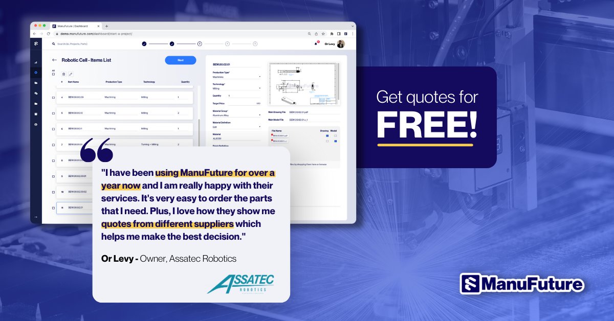 Nothing is holding you back from submit a RFQ for your project, it's free of charge, anonymous and encrypted.
Check out what Or from Assatec Robotics wrote on using ManuFuture as his partner for custom parts manufacturing 👇

bit.ly/3Fx6e5y