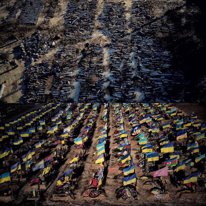 Two photos: 
1. The cemetery of missiles
2. The cemetery of those who died from shelling and #RussianUkraineWar, #Kharkiv
📸 by Yan Dobronosov