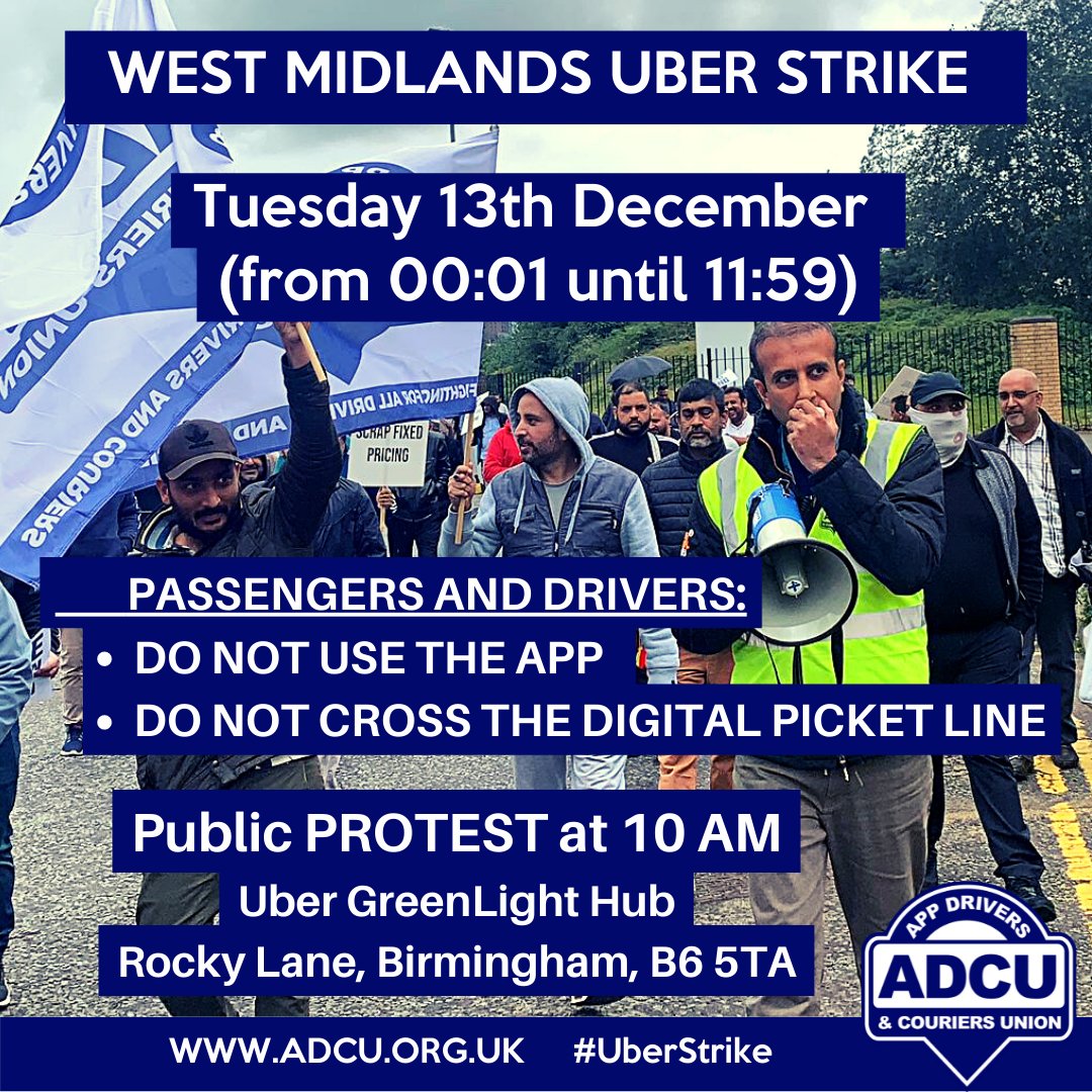 ADCUnion's tweet image. Birmingham Uber STRIKE 🚫 and Demo Tuesday 13th December 2022. Public 🪧protest at 10:00am outside Uber Hub, Rocky Lane, Birmingham B6 5TA.
👇🏾👇👇🏿
Passengers and Drivers: Please DO NOT LOG ON TO UBER, Do NOT ❌the digital picket line 📲
#UberStrike #UberProtest #Birmingham