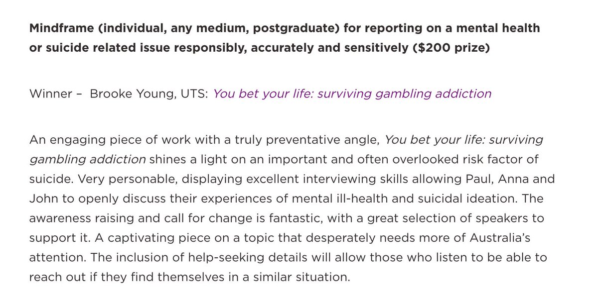 brookeyoung07's tweet photo. Thank you to @JERAAus for awarding me the @MindframeMedia Prize for the responsible reporting of suicide - hopefully my podcast on the sinister side of gambling can encourage seeking help for an issue too often stigmatised in Australian society

#jeraa #ossieawards #gamblinghelp https://t.co/9A4i7Q0pzy