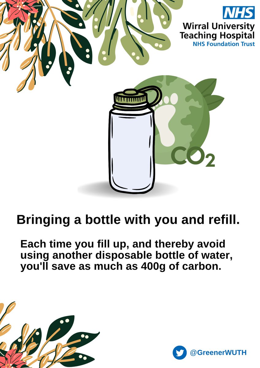 WUTHnhs's tweet photo. Did you know that bringing a bottle to work, and refilling, saves as much as 400g of carbon each time you avoid buying/using a disposable bottle of water? https://t.co/r4pV0kqeKM